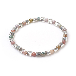 Indian Agate Natural Indian Agate Beads Stretch Bracelets, with Alloy Finding, Antique Silver, 2-1/4 inch(5.75cm)