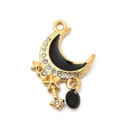 Черный 304 из нержавеющей стали горный хрусталь подвески, Луна прелести, Эмаль стиле, ионное покрытие (ip), реальный 18 k позолоченный, чёрные, 26x18x3 мм, отверстие : 1.8 мм
