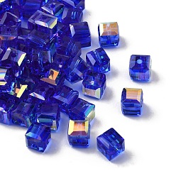 Синий Гальваническим стеклянные бусины, кубические, граненые, с половиным покрытием, синие, 7x7x7 мм, отверстие : 1.6 мм