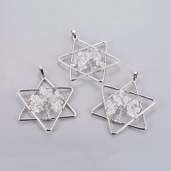 Quartz Crystal Natural Quartz Crystal Pendants, with Brass Findings, Star, Platinum, 52x43x5~6mm, Hole: 5x8mm
