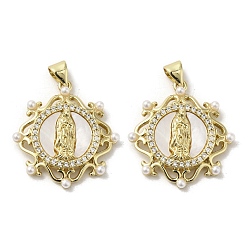 Цветок Подвески из латунных ракушек, Религиозные обереги Девы Марии с прессом, имитирующим жемчуг, реальный 18 k позолоченный, цветок, 23x4 мм, отверстие : 3.5x4 мм