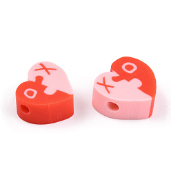 Crimson Handmade Polymer Clay Beads, Heart Puzzle & Letter Xo, Crimson, 8.5~10x9~11x4~5mm, Hole: 1.5mm