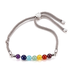 Серый Чакра ювелирные изделия, регулируемые нейлоновые браслеты-слайдеры, Боло браслеты, с бусинами из натуральных и синтетических драгоценных камней и латунной фурнитурой, платина, серые, внутренний диаметр: 2-5/8 дюйм (6.7 см), ползунок: 8.5x5.5 мм