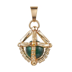 Зеленый Подвески из натурального тигрового глаза (окрашенного и нагретого) и стеклянных бусин ручной работы, с кнопкой на поруки, золотые, зелёные, 17.5x15x15 мм, отверстие : 5.5x2.5 мм