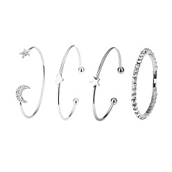 Platinum 4Pcs 4 Style Alloy Moon & Star & Heart Open Cuff Bangles Set, Tennis Chains Bangles for Women, Platinum, 2-3/8 inch(6cm), 1Pc/style