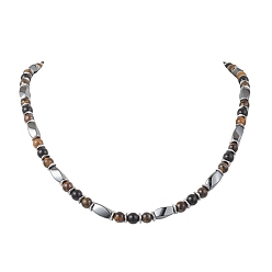 Тигровый глаз Ожерелья из круглых бусин из натурального тигрового глаза и обсидиана и синтетического немагнитного гематита, цвет нержавеющей стали, 21.06~21.46 дюйм (53.5~54.5 см)