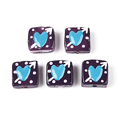 Фиолетовый Ручной спрей окрашены бусины бисера, Эмаль стиле, квадрат и сердце, фиолетовые, 15~16.5x14.5~15.5x7~9.5 мм, отверстие : 1.2~1.6 мм