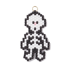 Черный Подвески-скелеты из бисера, подвески из стеклянных бусин с узором ткацкого станка, с 304 кольцом из нержавеющей стали, чёрные, 34.5x19.5x2 мм, отверстие : 3 мм