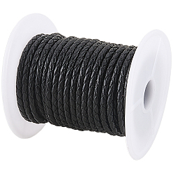 Black 8M Braided Cowhide Leather Cord, Round Leather Rope String for Bracelets, with Cotton Thread inside, with 1pc Organza Gift Bags with Drawstring, Black, 3mm, about 8.74 yards(8m)/roll