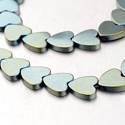 Зеленое Покрытие Гальванизировать немагнитных синтетический гематит нитей бисера, сердце, зеленый покрытием, 10x10x2 мм, отверстие : 1 мм, около 47 шт / нитка, 15.7 дюйм