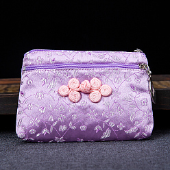 Plum Rectangle Chinese Style Silk Zipper Pouches, Change Purses, with Chinese Buckle, for Bracelet, Necklace, Plum, 13x9cm