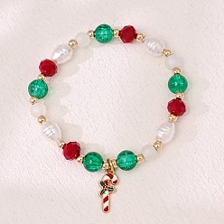 Candy Cane Рождественские белые, зеленые, красные браслеты из стекла и искусственного жемчуга, эластичные., с сплава эмали прелести, золотые, шоколадная конфета, 7.09 дюйм (18 см)