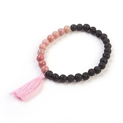Rhodochrosite Natural Lava Rock and Natural Rhodochrosite Stretch Bracelets, with Cotton Thread Tassels Pendants, 2-1/8 inch(5.5cm), Pendant: 33x8mm