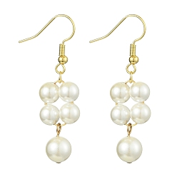 Golden Shell Pearl Dangle Earrings, with 304 Stainless Steel Earring Hooks, Round, Golden, 42x8mm