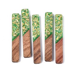 Зеленый лайм Подвески из непрозрачной смолы и орехового дерева, прямоугольник амулеты, с блестящей пудрой и золотой фольгой, зеленый лайм, 51.5~52x7~7.5x3~4 мм, отверстие : 2 мм