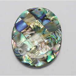 Colorful Abalone Shell/Paua Shell Pendants, Single Side, Mosaic Pattern, Oval, Colorful, Size: about 30mm wide, 39.5mm long, 5mm thick, hole: 1mm