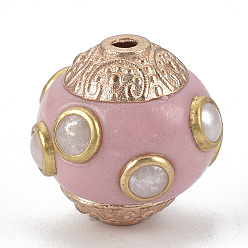 Pink Handmade Indonesia Beads, with Alloy Findings & ABS Plastic Imitation Pearl Beads, Round, Golden, Pink, 14~15x14~15mm, Hole: 1.8mm