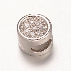 Platinum Brass Micro Pave Cubic Zirconia  Slide Charms, Flat Round, Platinum, 6x4mm, Hole: 2x4mm