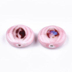 Pink Handmade Porcelain Beads, Fancy Antique Glazed Porcelain, Flat Round, Pink, 23~24x24~27x9~10mm, Hole: 3mm