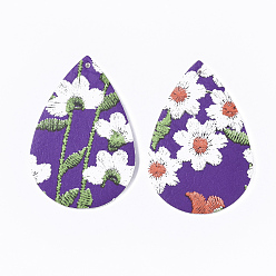 Dunkelviolett Pu-Leder große Anhänger, Träne, mit Blumenmuster, dunkelviolett, 55x35x2 mm, Bohrung: 2 mm