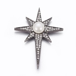 Черный Цвет Металла Латунные кабошоны, с оболочкой жемчуг и горный хрусталь, Сияющая звезда, металлический черный , 56x41.5x8.5 мм