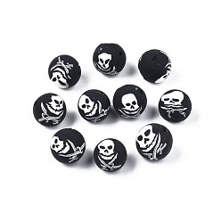 Black Handmade Polymer Clay Beads, Round with Skull, Black, 9.5~10.5x9.5~10.5mm, Hole: 1.2mm