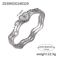 Сердце 304 браслеты из нержавеющей стали с паве из кубического циркония, шарнирные браслеты для женщин, платина, сердце, внутренний диаметр: 2-3/8 дюйм (6 см)