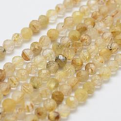 Rutilated Quartz Natural Gold Rutilated Quartz Bead Strands, Round, Faceted, 4mm, Hole: 0.5mm, about 103~110pcs/strand, 15.3 inch(39cm)