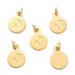 Sagittarius Golden Plated 304 Stainless Steel Charms, Flat Round with Constellations Pattern, Sagittarius, 13.5x10x1mm, Jump Ring: 5x1mm, Hole: 3mm