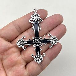 Черный Эмали сплава большие кулоны, античное серебро, крест со звездой, чёрные, 71x56 мм