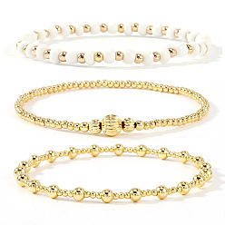 Белый 3Штукатурные браслеты из круглых бусин из стекла и латуни, эластичные., составные браслеты для женщин, золотые, белые, 6.50 дюйм (16.5 см) ~ 6.89 дюйм (17.5 см)