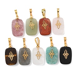 Смешанные камни Природные каменные смешанные подвески, с латунной фурнитурой и 304 кабошонами из нержавеющей стали, золотые, прямоугольник с цветочным узором подвески, 23~23.5x13~13.5x3.5~4 мм, отверстие : 7.5x4 мм