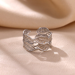 Stainless Steel Color 304 Stainless Steel Cuff Open Rings, Leaf, Stainless Steel Color, 18mm