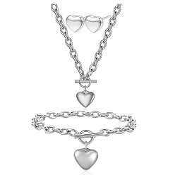 Нержавеющая Сталь Цвет Сердце 304 ожерелья с подвесками из нержавеющей стали, браслеты с подвесками и серьги-гвоздики, цвет нержавеющей стали, 475мм и 170мм и 17.5мм