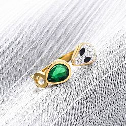 Настоящее золото 18K 304 нержавеющая сталь со стразами и стеклянными манжетными кольцами, ионное покрытие (ip), змея, реальный 18 k позолоченный, 6.5 мм, размер США 8 1/2 (18.5 мм)