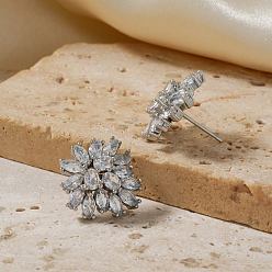 Серебро Серьги-гвоздики из латуни со стразами, цветок, серебряные, 18x17 мм