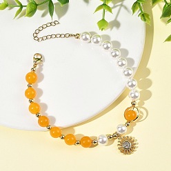 Naranja Pulseras redondas de cuentas de cuentas de jade malasio teñido natural y perlas de concha, con dije de sol de latón con microengaste de circonitas cúbicas transparentes., dorado, naranja, 8.27 pulgada (21 cm)