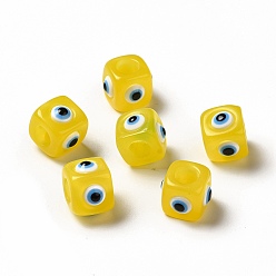 Gold Resin Evil Eye European Beads, Large Hole Bead, Cube, Gold, 12.5x14~14.5x14~14.5mm, Hole: 6mm