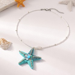 Темно-бирюзовый Ракушка в виде морской звезды с подвеской из стразов, белые стеклянные бусы, ожерелье для женщин, темные бирюзовый, 16.93 дюйм (43 см)