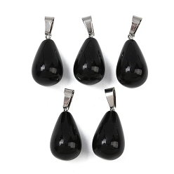 Обсидиан Природные подвески обсидиана, латунная фурнитура с платиновым покрытием, слеза, 23~24.5x13 мм, отверстие : 7~7.5x4 мм