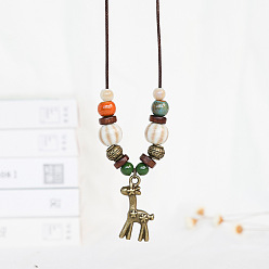 Олень Ожерелья из вощеного шнура с подвеской из сплава, Женские ожерелья из фарфора и дерева, античная бронза, олень, 19.69 дюйм (50 см)