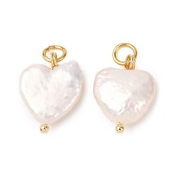 Золотой Натуральные кеши жемчужные подвески, сердце прелести, с открытыми пружинными кольцами из нержавеющей стали 304, кремово-белые, золотые, 16~17x12~13x5~6 мм, отверстие : 3 мм