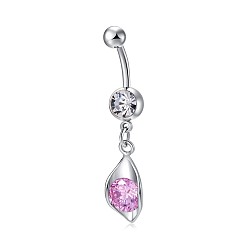 Pearl Pink Piercing Jewelry, Brass Cubic Zirconia Navel Ring, Navel Ring Belly Rings, with 304 Stainless Steel Bar, Lead Free & Cadmium Free, Leaf, Platinum, Pearl Pink, 38x11.5mm, Bar Length: 3/8"(10mm), Bar: 14 Gauge(1.6mm)