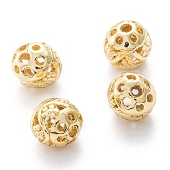 Настоящее золото 18K Сплава полые шарики, Круглый с лотосом, без кадмия и без свинца, реальный 18 k позолоченный, 8x7~8 мм, отверстие : 1.5~2 мм