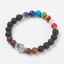 Lavastein Chakra-Schmuck, Stretch-Armbänder aus natürlichem Lavastein, mit natürlichem & synthetischem Mischstein und Sandelholz, böser Blick Lampwork und Legierungsergebnisse, Hamsa Hand, Sackleinenverpackung, 2 Zoll (5.2 cm)