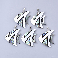 Seashell Color Shell Pendants, with Brass Findings, Tropical Fish, Platinum, Seashell Color, 48~49x43~45x3.5~4mm, Hole: 6x4mm