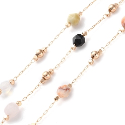 Смешанные камни Ручная работа латунная и смешанная полигональная смешанная каменная цепь для изготовления ожерелий и браслетов, долговечный, пайки, с катушкой, золотые, бусины : 2~6.5x2~6x2~6 мм, около 16.40 футов (5 м) / рулон