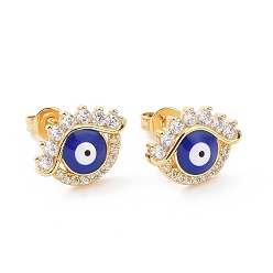 Golden Enamel Evil Eye Stud Earrings with Clear Cubic Zirconia, Brass Jewelry for Women, Golden, 10.5x13.5mm, Pin: 0.6mm