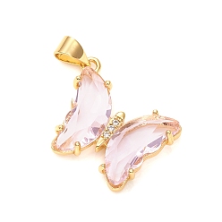 Pink Glass Pendants, with Brass Clear Micro Pave Cubic Zirconia, Butterfly, Golden, Pink, 24x21x4mm, Hole: 5.5x3.5mm