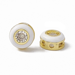 Белый Стойки обшивки латунь кубического циркония бусы, с эмалью, реальный 18 k позолоченный, долговечный, без кадмия, без никеля и без свинца, плоско-круглые, белые, 8x4.5 мм, Отверстие : 1.2 мм & 5.5x1.2 мм